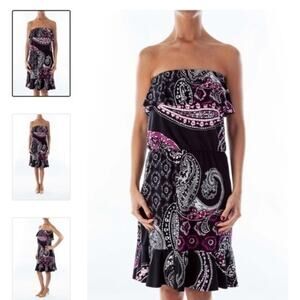 WHITE HOUSE BLACK MARKET BLACK STRAPLESS RUFFLE PURPLE FLORAL PRINT DRESS XS